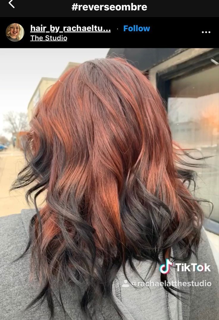 Ginger Hair Black Underneath, Ginger To Black Hair, Ginger Hair With Dyed Ends, Natural Red Hair With Black Underneath, Copper Hair With Black Underneath, Ginger With Dark Highlights, Hair Dye Ideas For Redheads, Copper Hair With Black Money Piece, Dyed Tips Long Hair