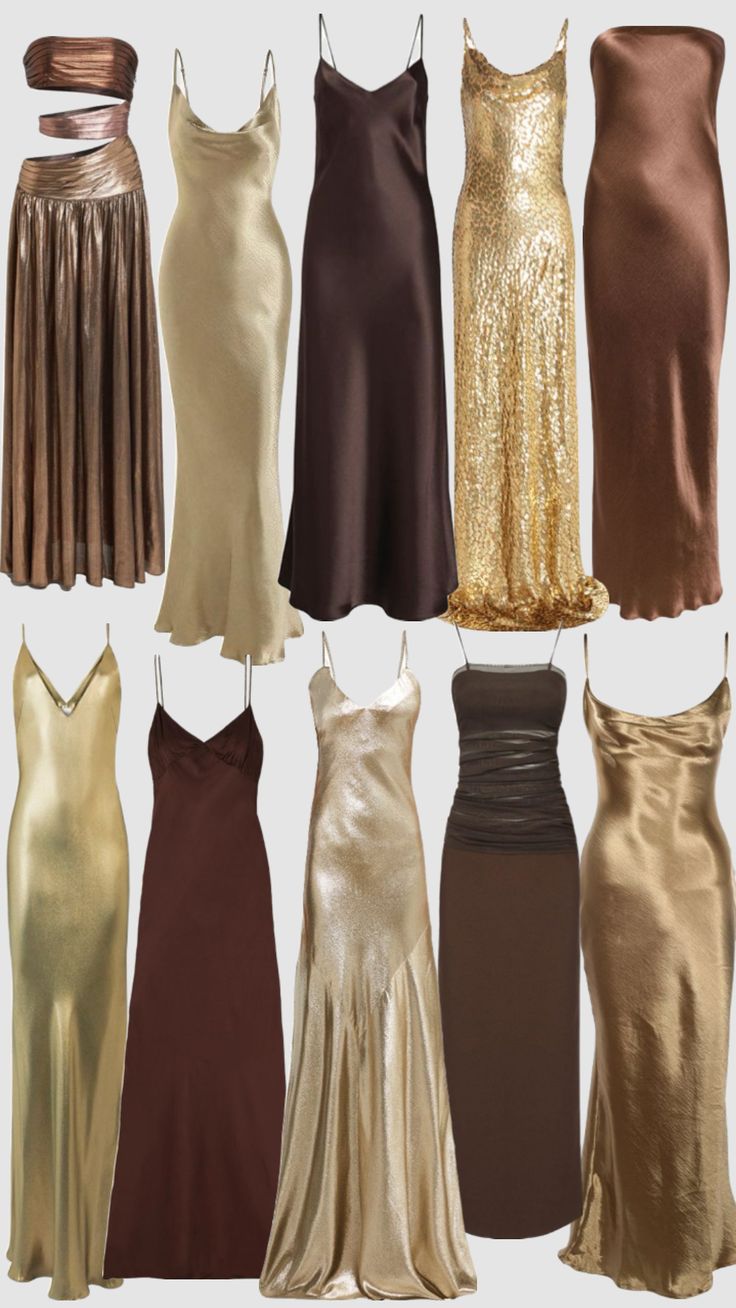 Bronze dresses 🤎⚜️ Bronze Party Dress, Different Brown Bridesmaid Dresses, Bronze Dress Outfit Wedding, Autumn Bridesmaids Dresses, Wedding Guest Brown Dress, All Shades Of Brown Wedding, Brown Tone Bridesmaid Dresses, Romantic Wedding Bridesmaid Dresses, Different Shades Of Brown Bridesmaid Dresses