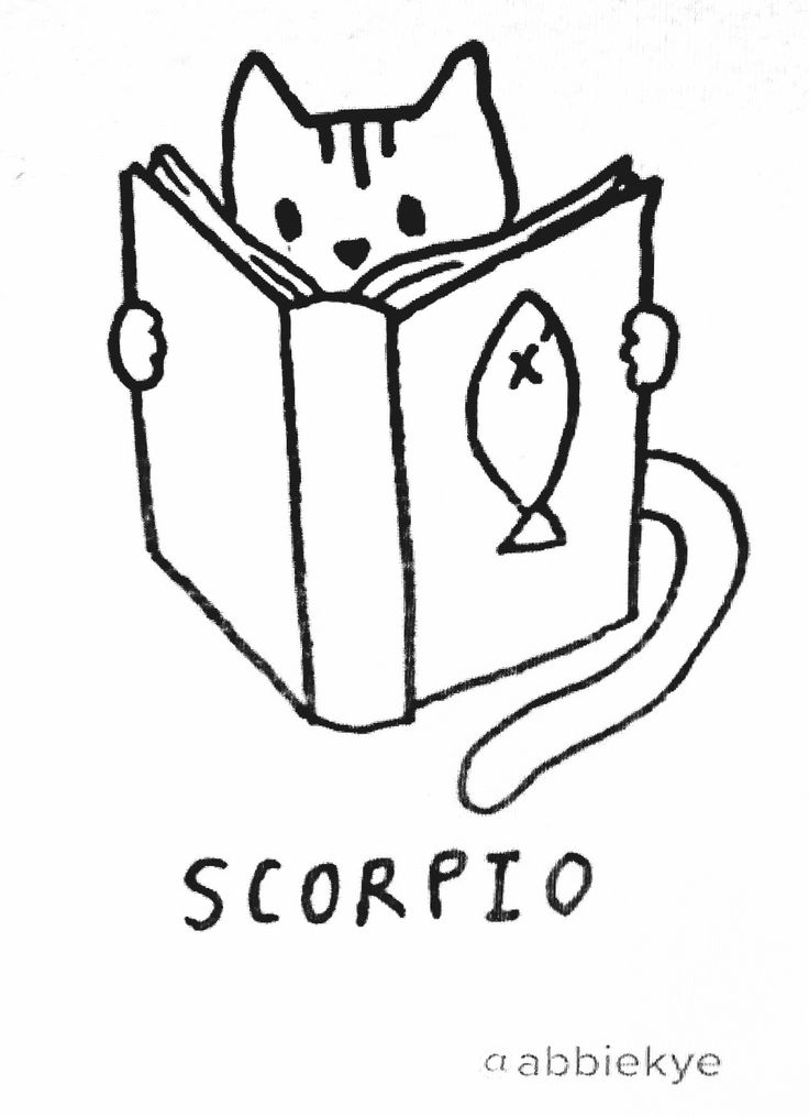 a black and white drawing of a cat reading a book with the word scorpio on it