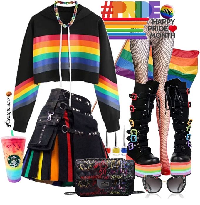 Pride Punk Outfit | ShopLook Rainbow Goth Outfit, Pansexual Outfit Ideas, Colorful Punk Fashion, Pride Festival Outfit Ideas, General Clothes, Rainbow Goth, Lgbtq Outfit, Colorful Punk, Punk Outfit