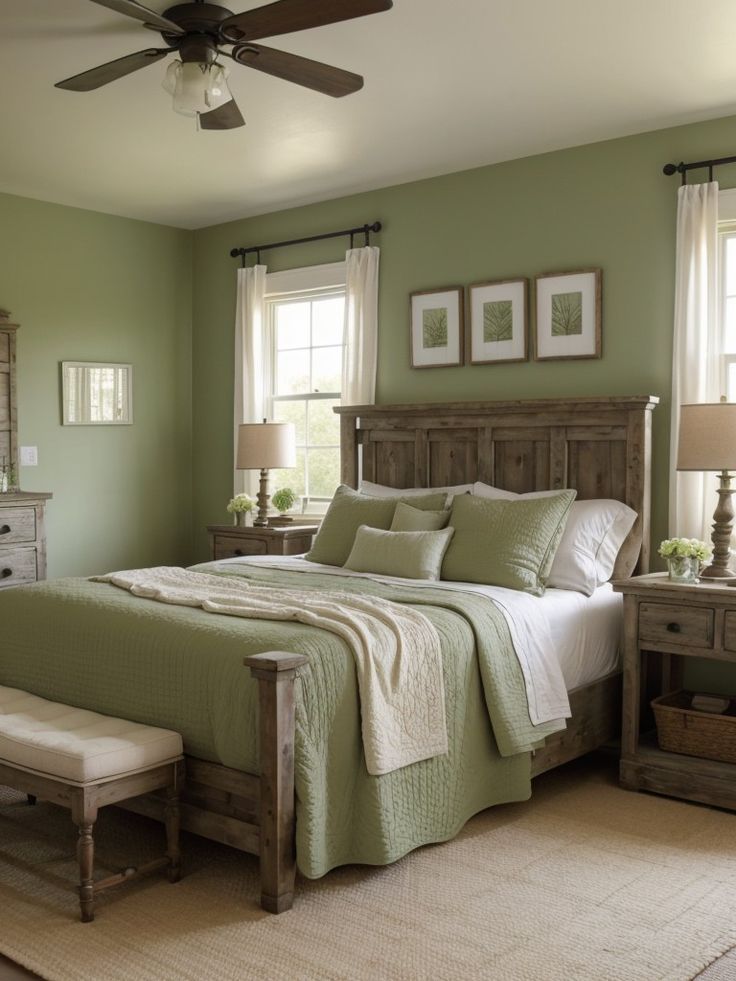 a bedroom with green walls and white bedding, two windows, dressers, and a ceiling fan