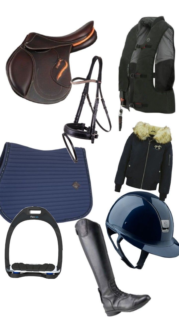 several different types of equestrian equipment including boots, hats, and saddles are shown in this image