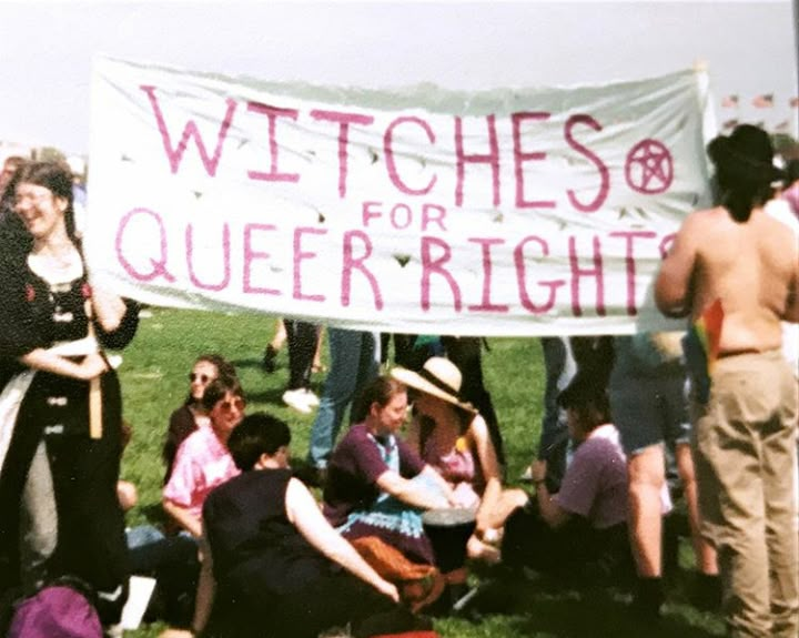 a group of people sitting in the grass with a sign that says witches for queen right