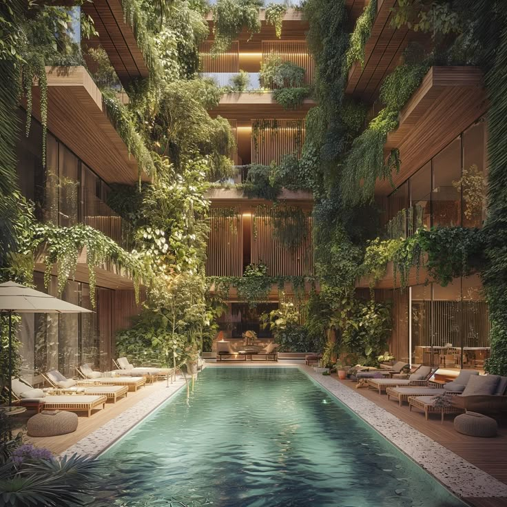 an indoor swimming pool surrounded by greenery