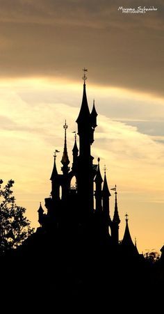 the silhouette of an old building with steeples and spires against a cloudy sky