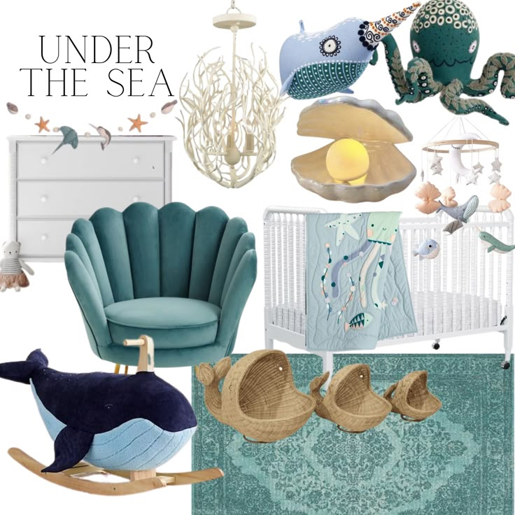 a baby's nursery room with blue and green accents, including an ocean theme