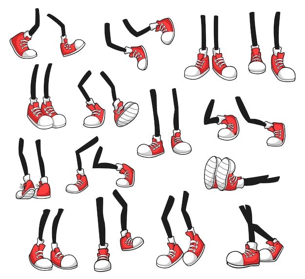 an image of various pairs of shoes with legs and feet in different positions on white background