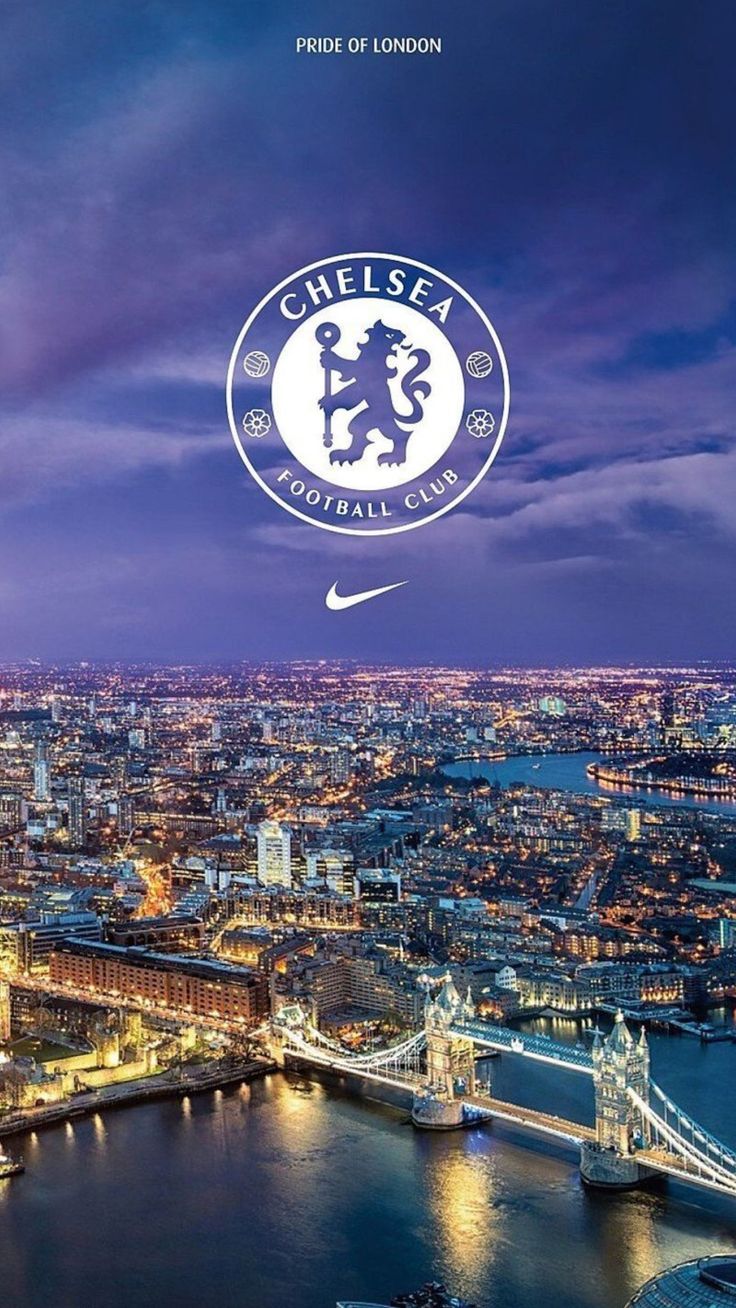 an aerial view of london and the river thames at night, with chelsea's logo on it