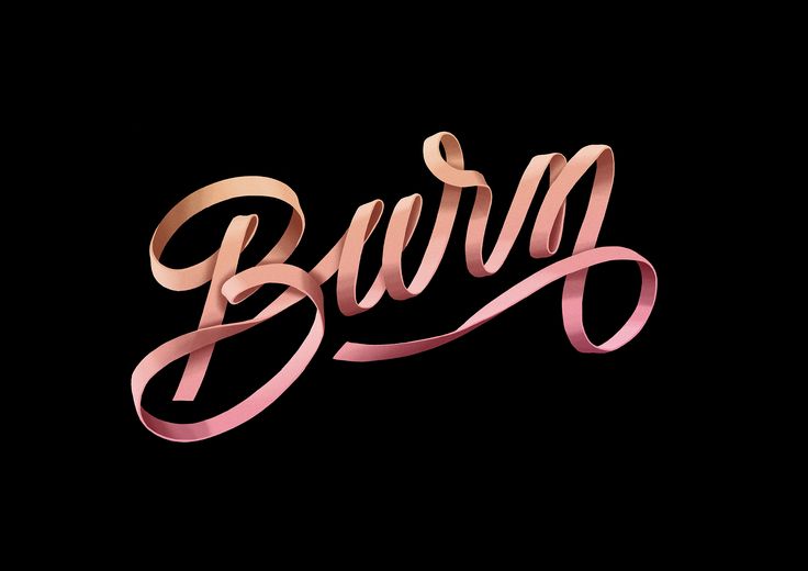 the word burn written in cursive pink and gold foil on a black background