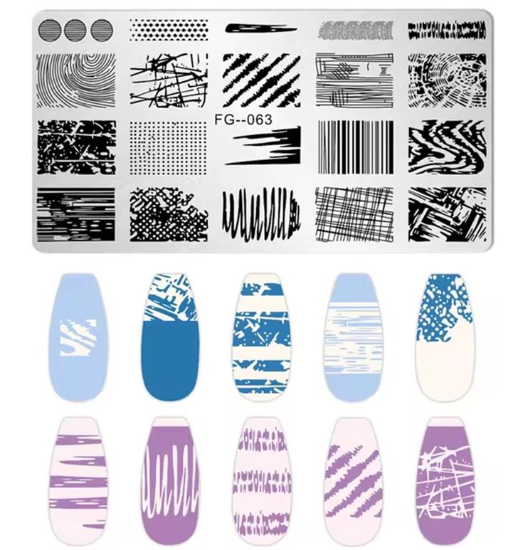 Attention : Stamping plates do not work with regular polishes. You need to use polish for stamping plates otherwise the designs won't be transfered. The plate is shielded by a thin transparent protective film, please remove the film before use, so that the nail polish can be transferred by the stamper. HOW TO USE: 1. Apply base coat or regular polish on the nail.  2. Apply the stamping polish to desired image within a plate. 3. Make a scraper leaned over 45 degrees and scrape excessive polish of Stamping Nail Polish, Nail Stamp, Patterned Plates, Diy Nail Art, Manicures Designs, Art Template, Minimalist Nails, Stamping Plates, Nail Stamping