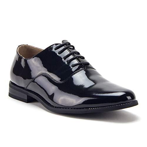 Fellas', It's time to bring on the shine in these sleek, patent leather oxfords. The perfect dress shoe for formal occasions; these lace-up dress shoes will be there to witness all of life's big moments. Lace-Up, Round Toe, Black Patent Leather Oxfords feature a designer inspired look. Black, Patent Leather Upper gives it a smooth, sleek, wet, shine look and feel Lace-Up, Round Toe & Rubber Sole make them comfortable for all day wear Block Heel measures approx 1" high with a 0.25" platform D Office Shoes Men, Black Formal Shoes, Church's Shoes, Mens Black Dress Shoes, Patent Leather Oxfords, Black Oxford Shoes, Boys School Shoes, Look Formal, Formal Loafers