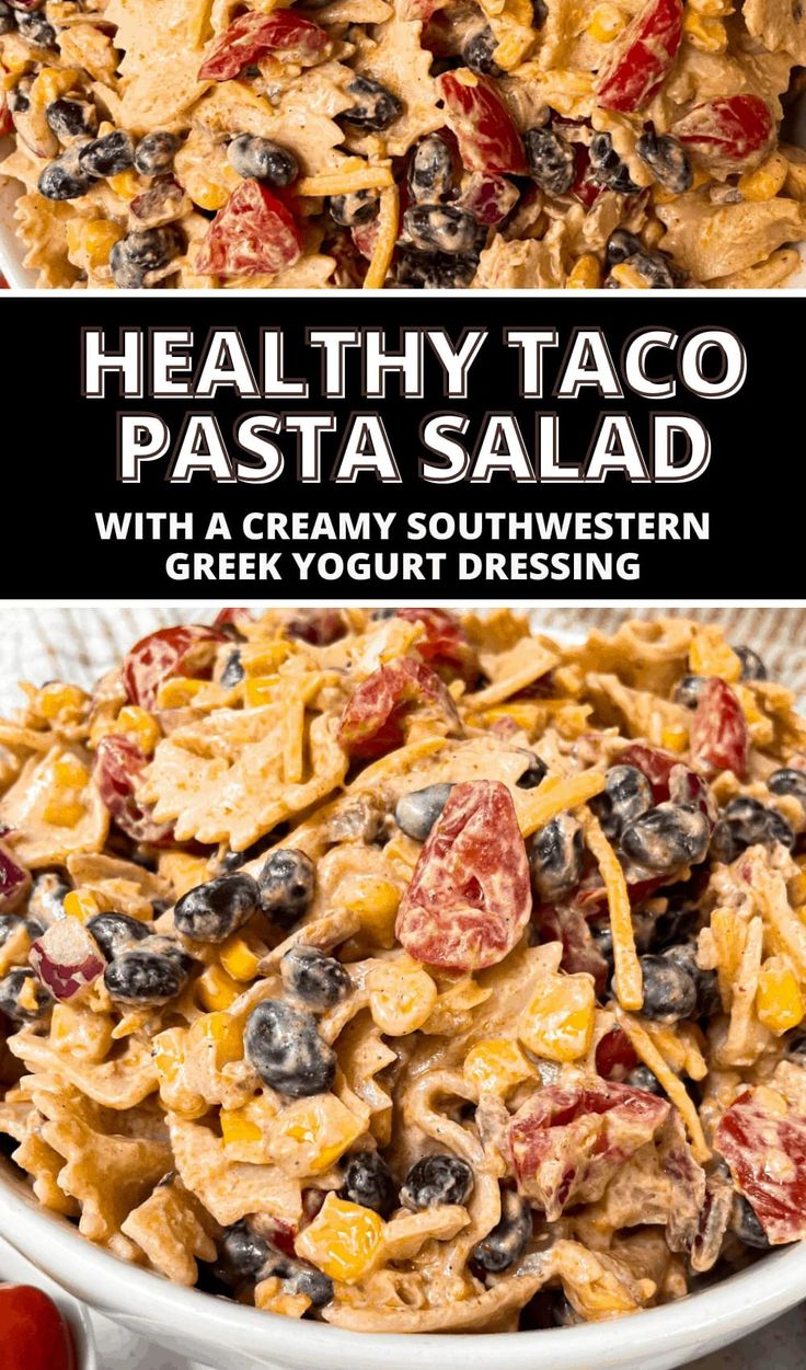 healthy taco pasta with creamy southwestern dressing in a white bowl and topped with black olives