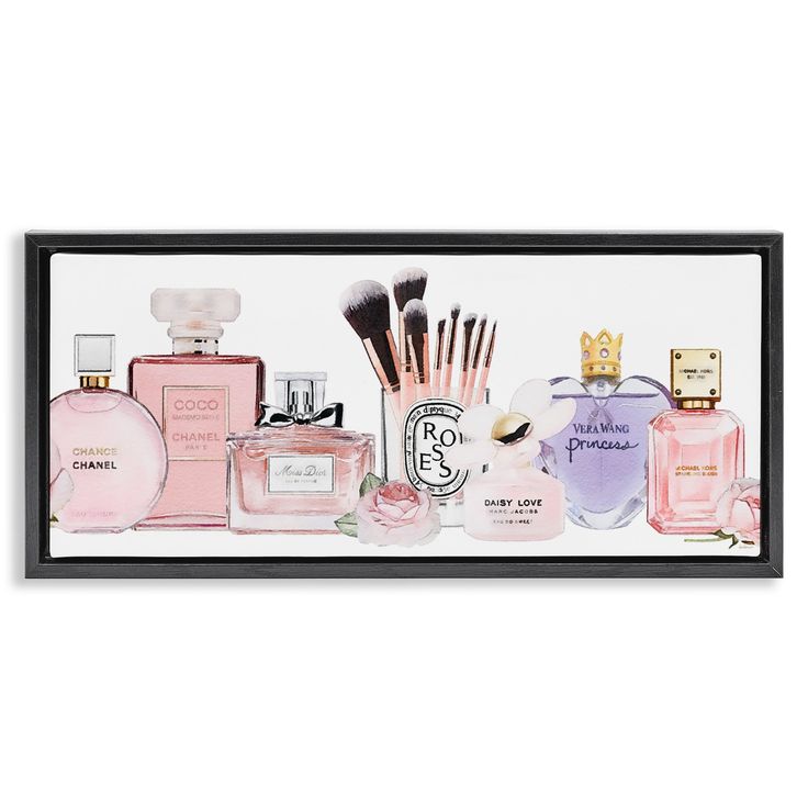 a painting of perfume bottles and brushes on a white background