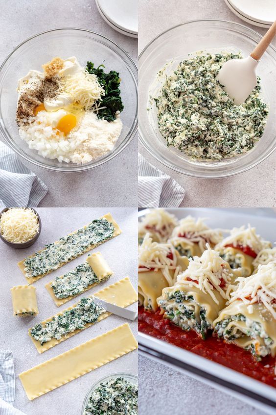 the ingredients for spinach ravioli being mixed together in small bowls and on plates