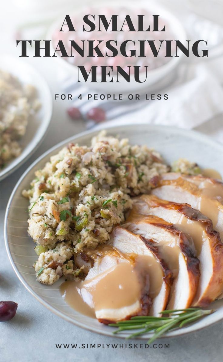 thanksgiving dinner menu with turkey and gravy on a plate next to cranberry sauce