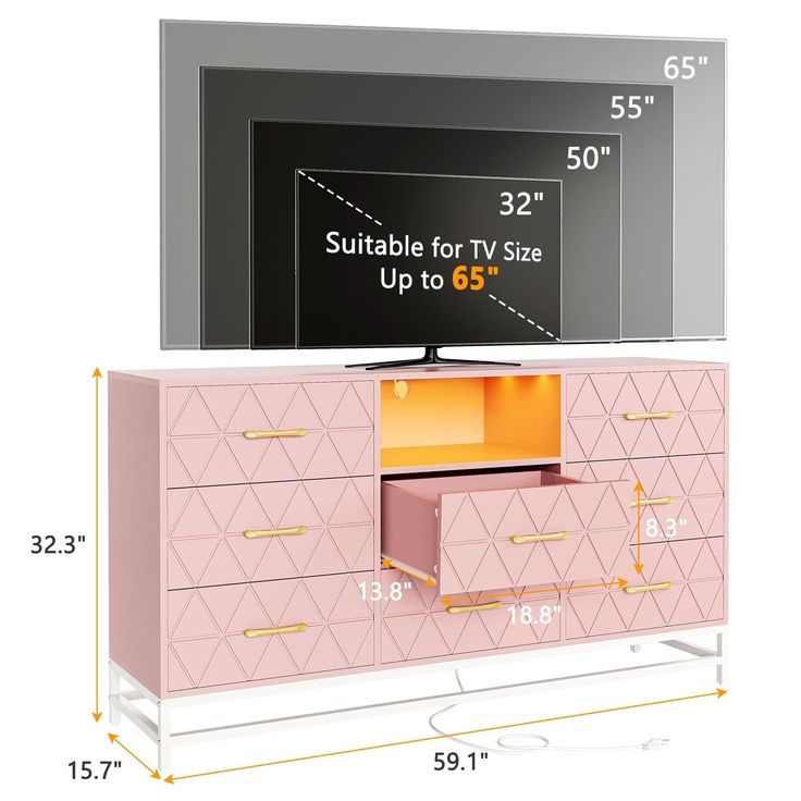 a pink dresser with drawers and a tv on top