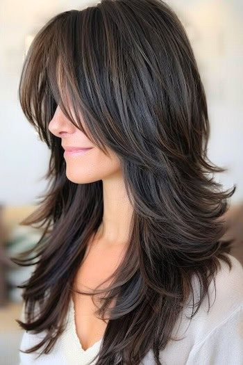 Feathered Shag with Flipped Ends Hairstyle on smiling woman with long brown hair, side view. Long Hair Wispy Layers, Feathered Layers With Bangs, Long Layer Shag Haircut, 70s Hair Cuts, Facial Framing Layers Long Hair, Long Modern Shag, 70s Haircuts For Long Hair, Long Hair Shag Haircut, Long Feathered Hairstyles