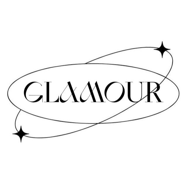 the word glamour written in black ink on a white background with stars and swirls