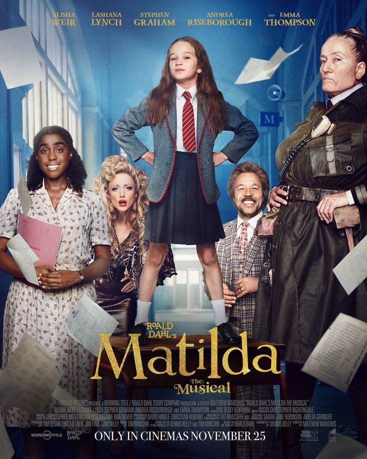 the poster for matilda musical, starring actors from two different eras and their characters are surrounded by papers