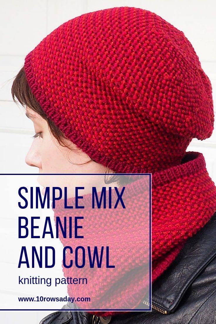 a woman wearing a red knitted beanie with the text, simple mix and cowl knitting pattern