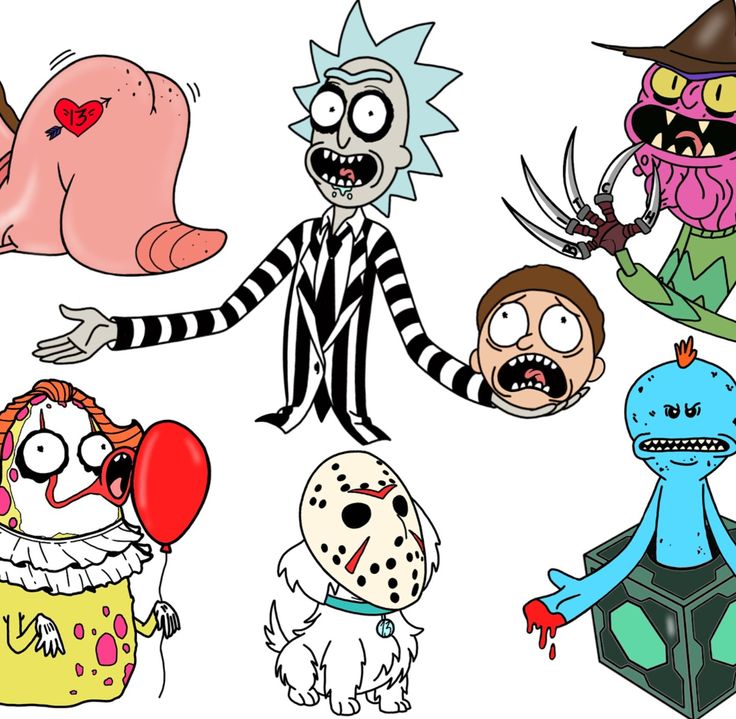 five cartoon characters with different facial expressions and haircuts, all dressed in halloween costumes