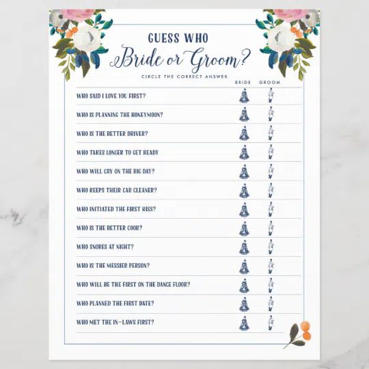 a bridal shower guess game with flowers on the side and text that says guess who bride or groom?