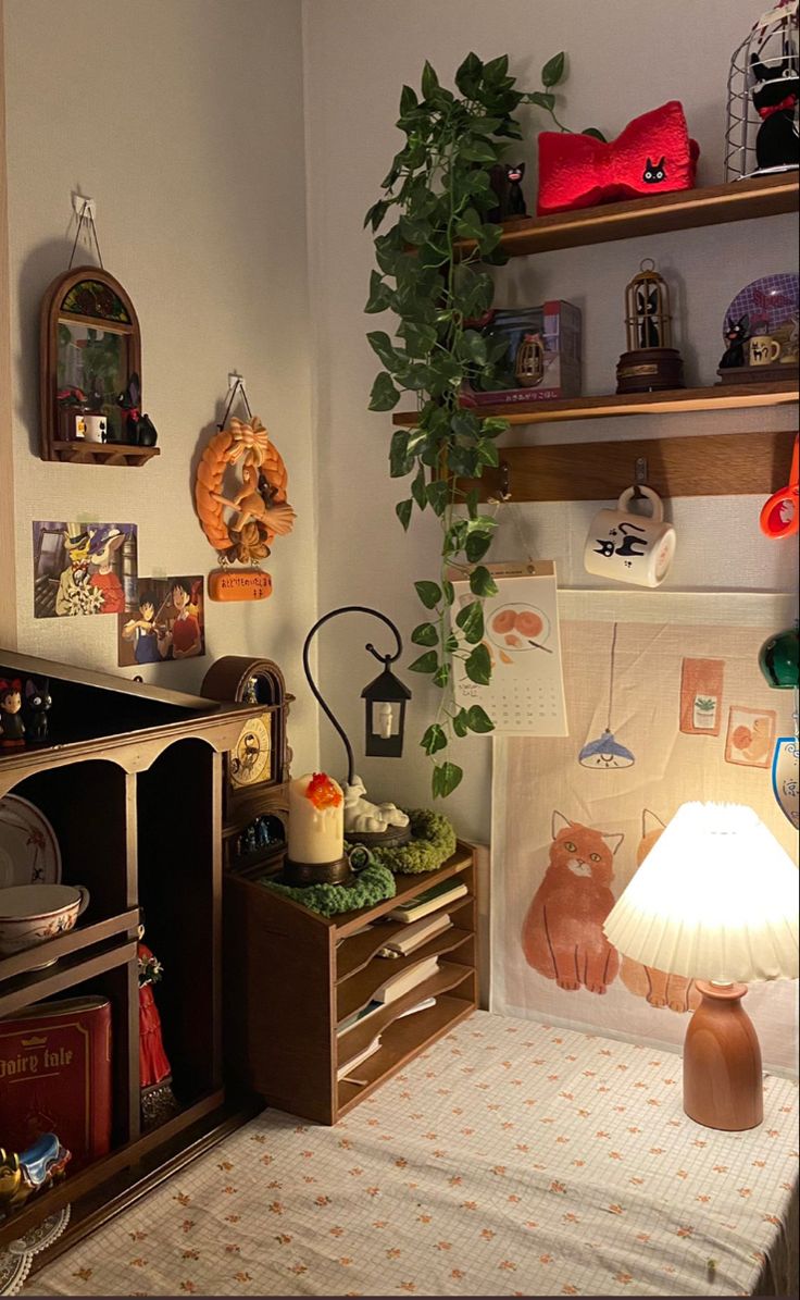 a living room filled with furniture and lots of plants on top of the shelves next to a lamp