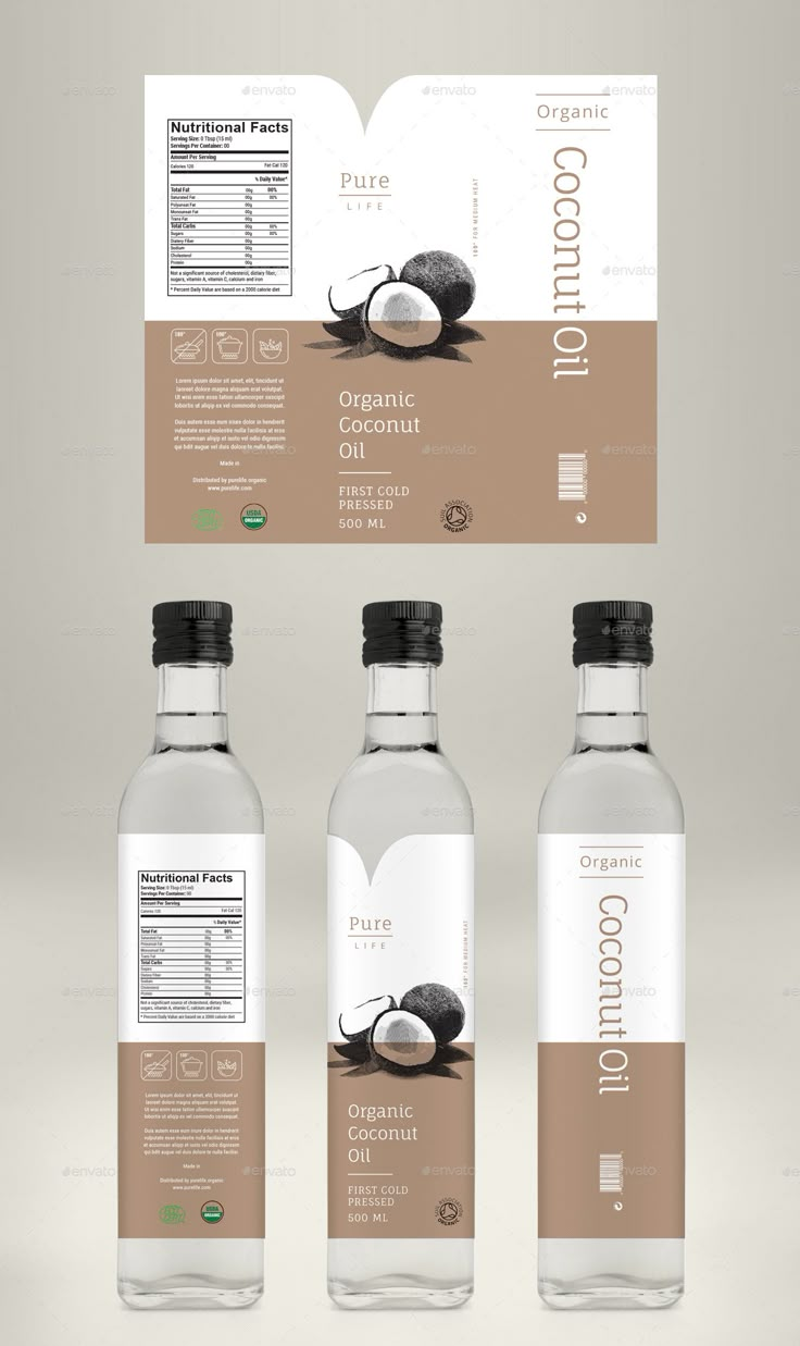 three bottles of coconut water with labels on the front and back, one is empty