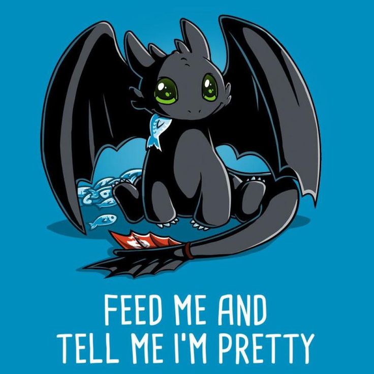 a cartoon dragon sitting on the ground with its wings spread out, and it says feed me and tell me i'm pretty