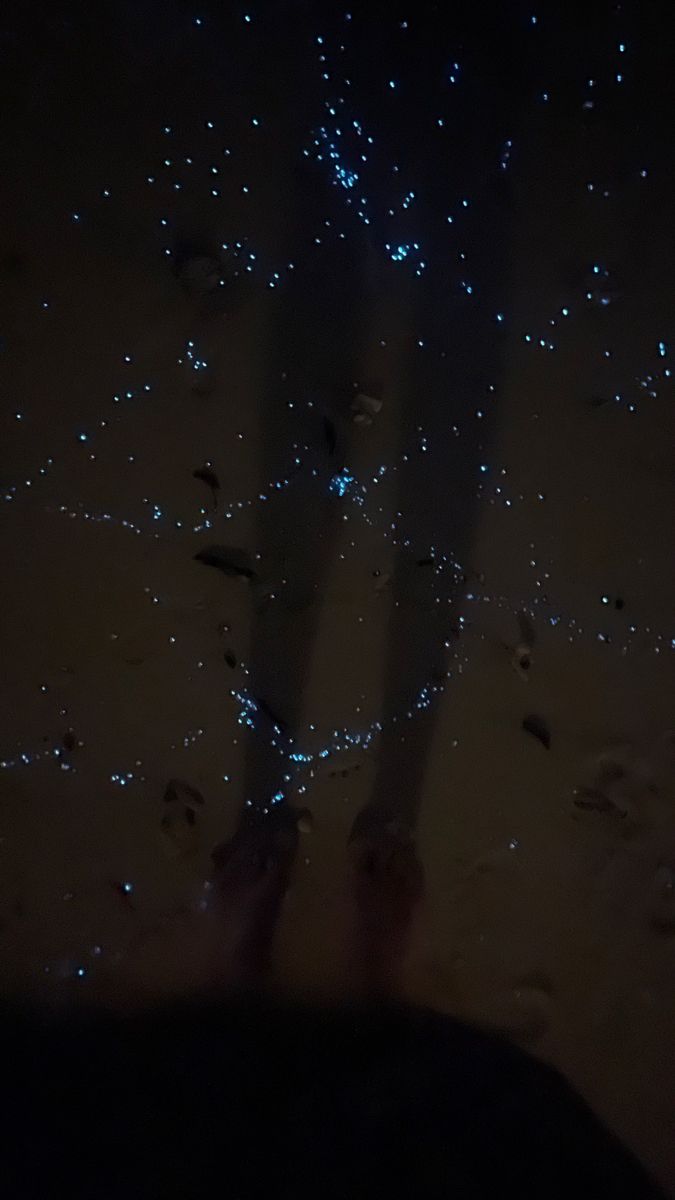 the person is standing in the dark with their shadow on the ground and some blue lights behind them