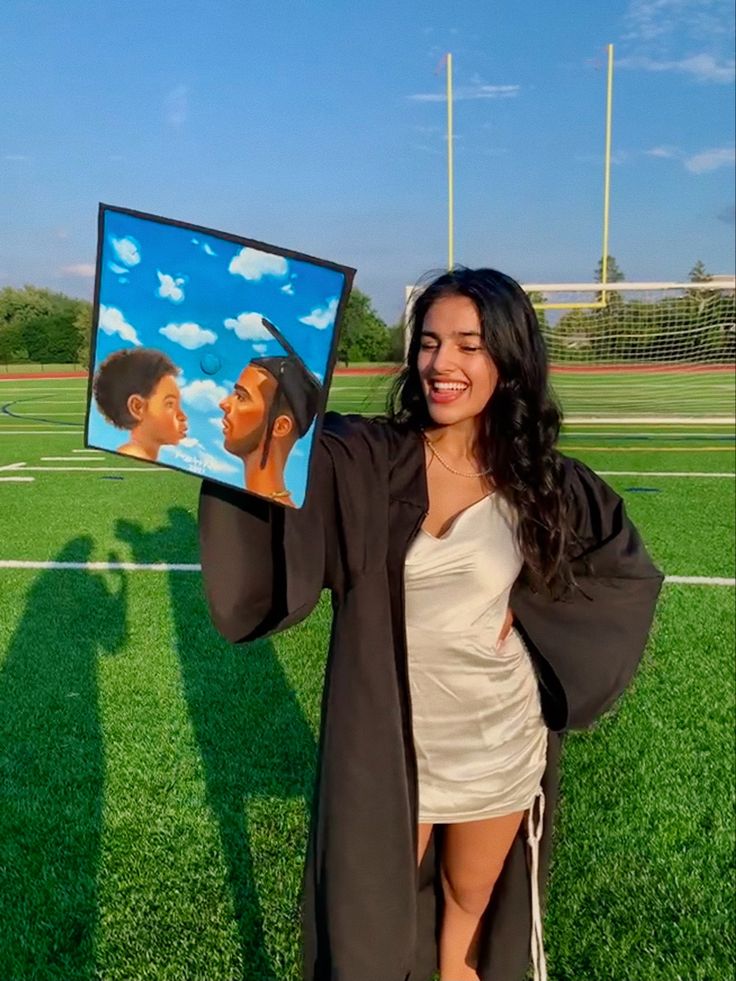 a woman holding up a painting on the side of a soccer field while wearing a graduation cap and gown