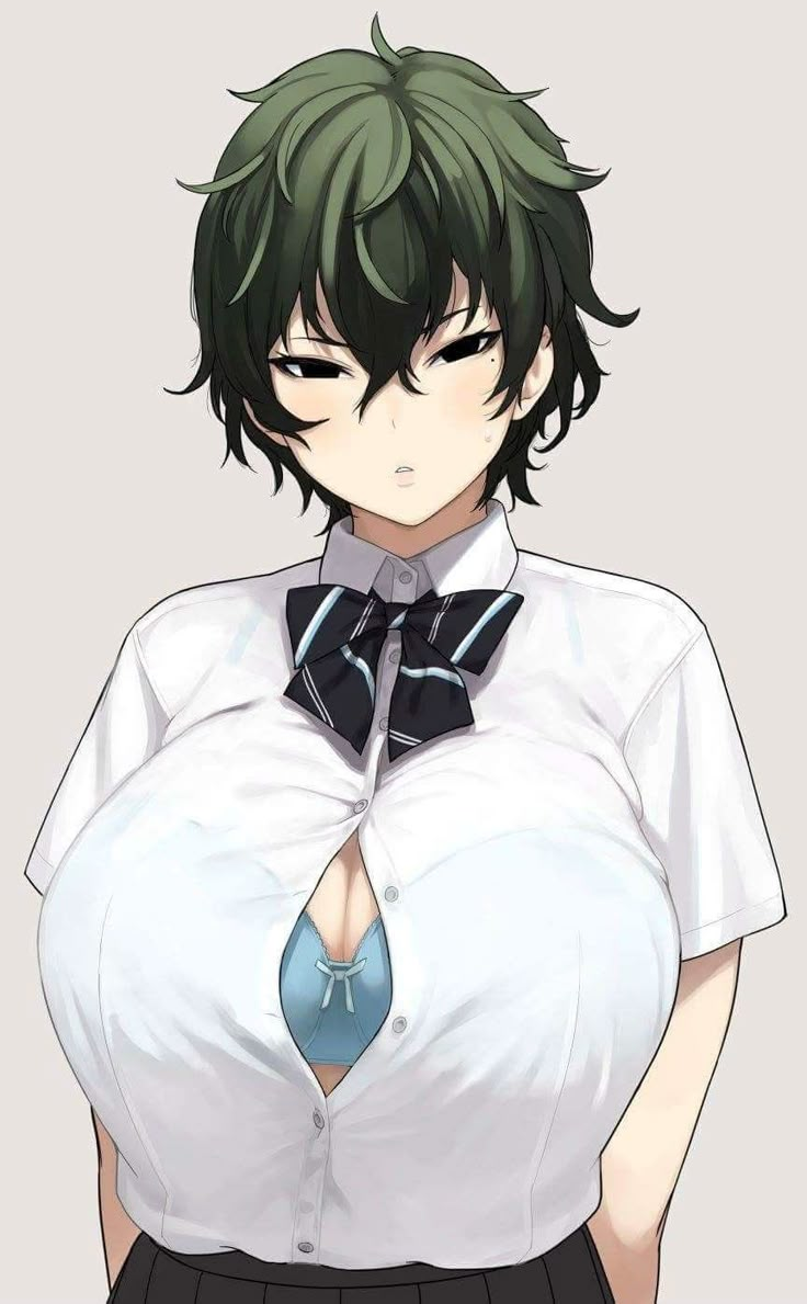 an anime character with green hair wearing a white shirt and black pants