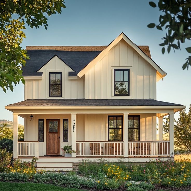 a white house with black roof and porch