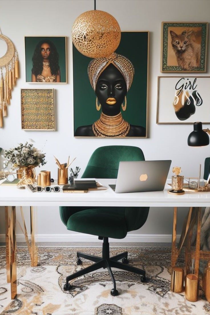 a white desk topped with a laptop computer next to a green chair and pictures on the wall