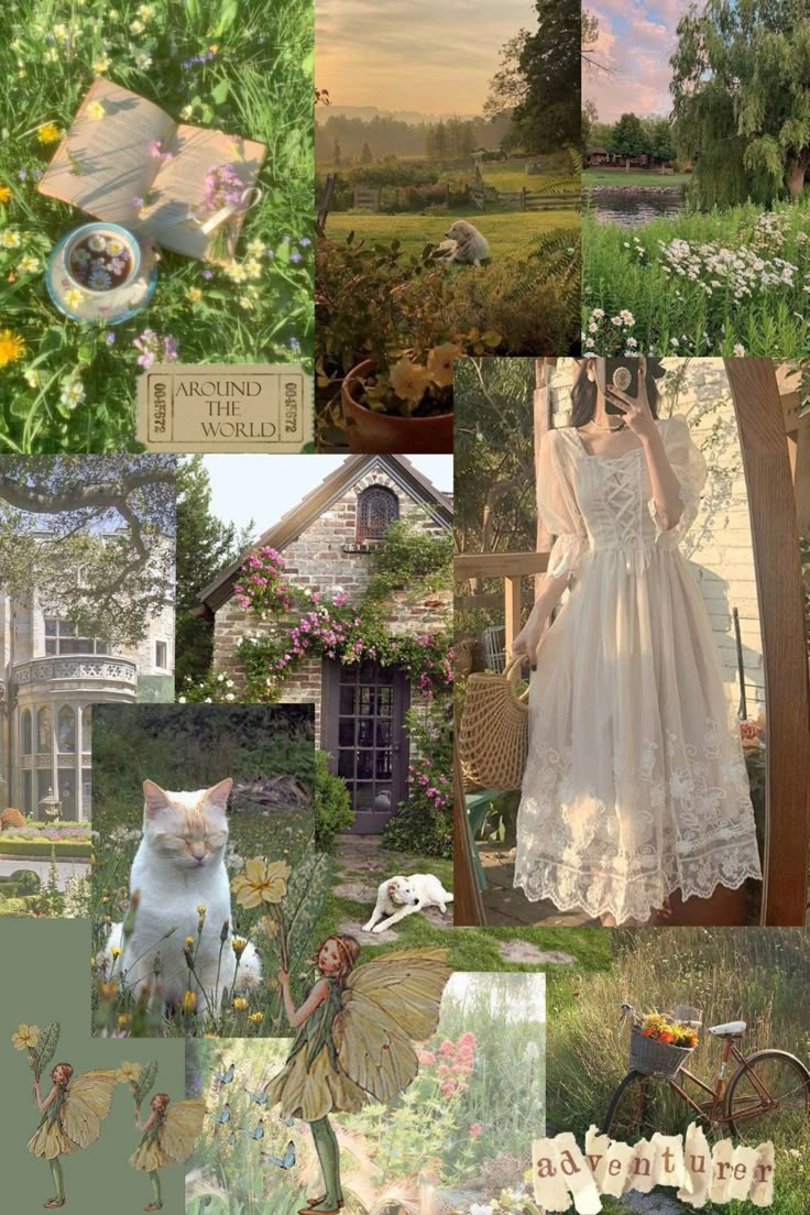 a collage of pictures with cats, flowers, and other things in the background