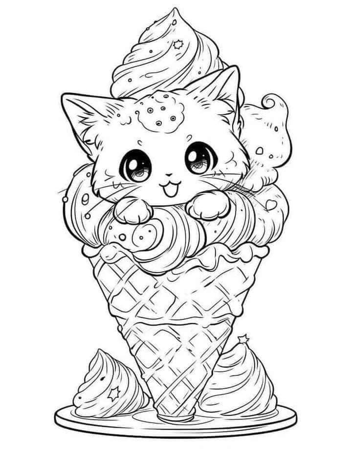 an ice cream cone with a cute cat inside it and some candies on top