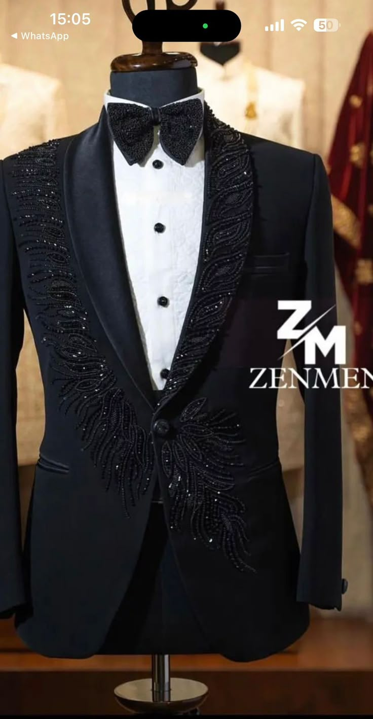 Black Suit For Groom Wedding, Latest Tuxedo Designs For Men, Taxido Suit For Men Wedding Black, Engagement Tuxedo For Men, Men Reception Suit, Reception Blazer For Groom, Embroidery Blazer Men, Taksido Suit For Groom, Blezars For Men Wedding Indian