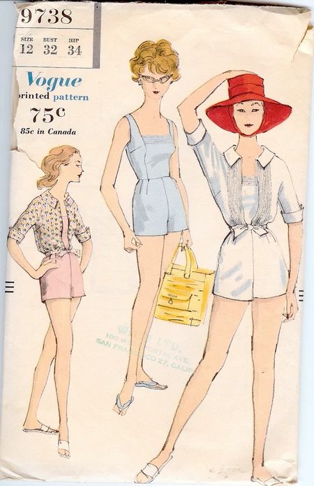 an old fashion sewing pattern with two women in short shorts and a shirt on the front