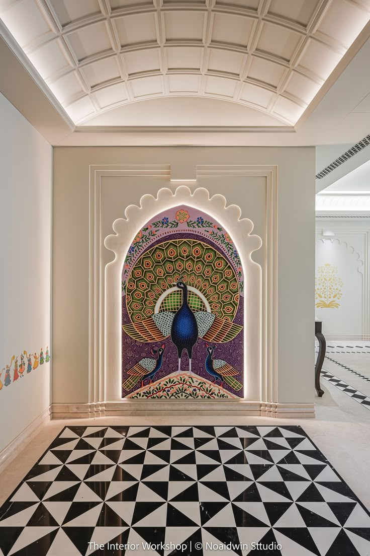 an intricately decorated room with black and white tiles