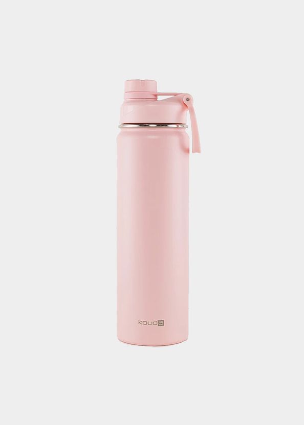 thermos bottle in pink is shown against a white background and has a bow at the top