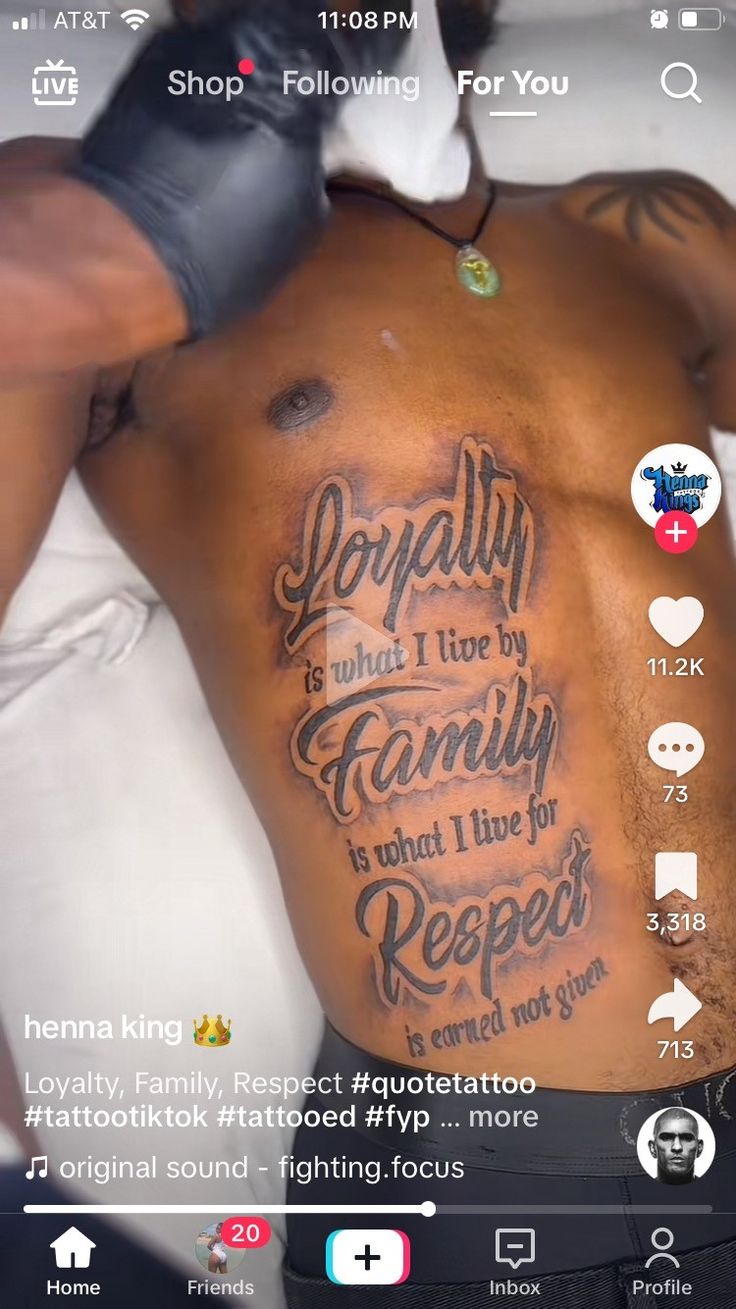 an image of a man with tattoos on his chest and arm that says, propally is what i love by family