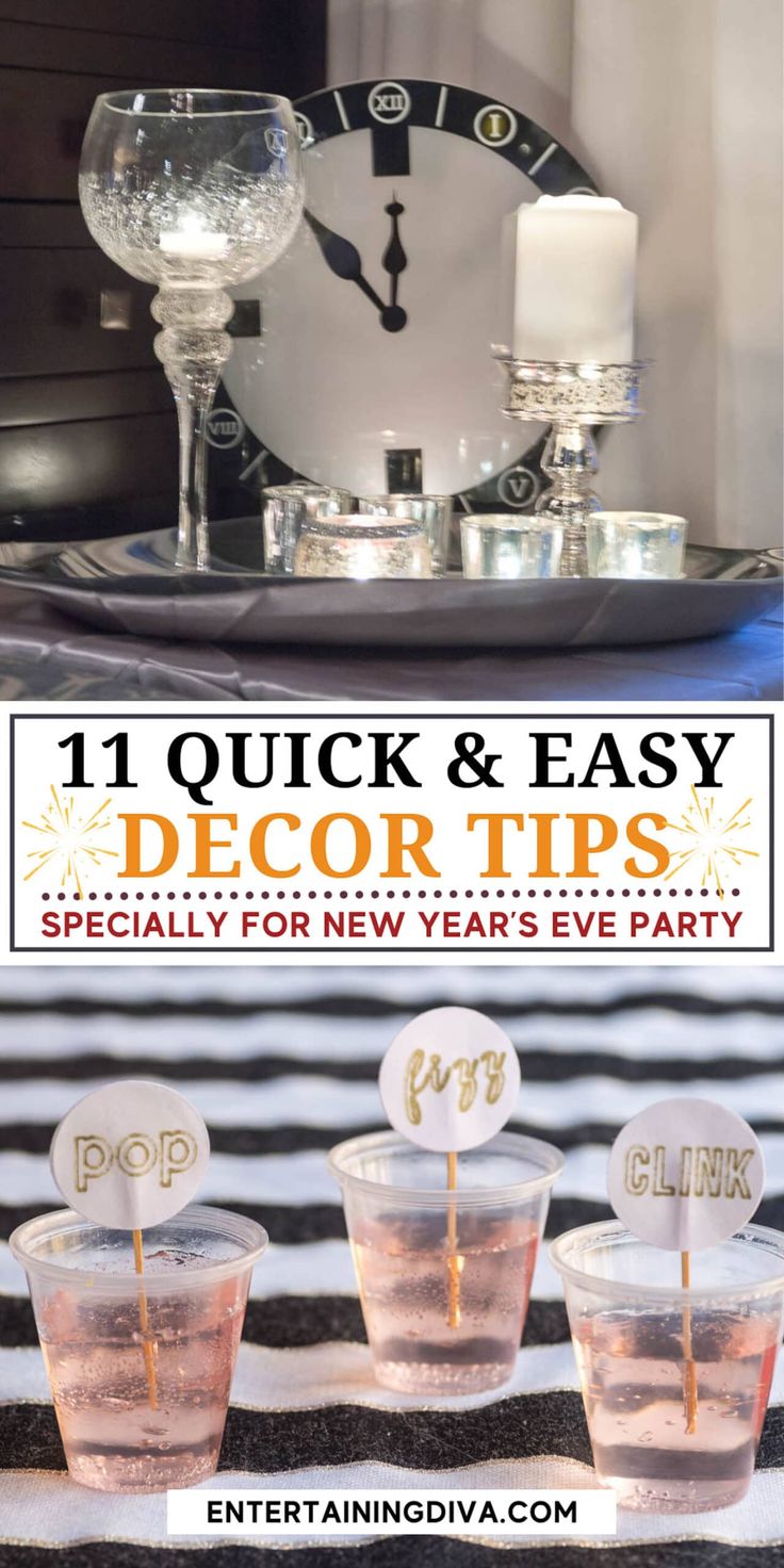 11 Easy Last Minute New Year's Eve Party Decorations Ideas | New Years Eve Nye Party Ideas, Champagne Jello Shots, Party Decorations Ideas, Halloween Haunted House Decorations, Mercury Glass Candle Holders, Paper Tablecloth, Foil Curtain, Gold Confetti Balloons, Balloon Kit