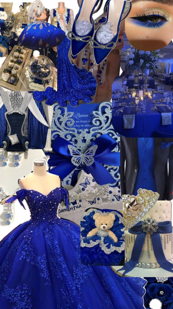 a collage of blue and gold wedding gowns, accessories, and other items