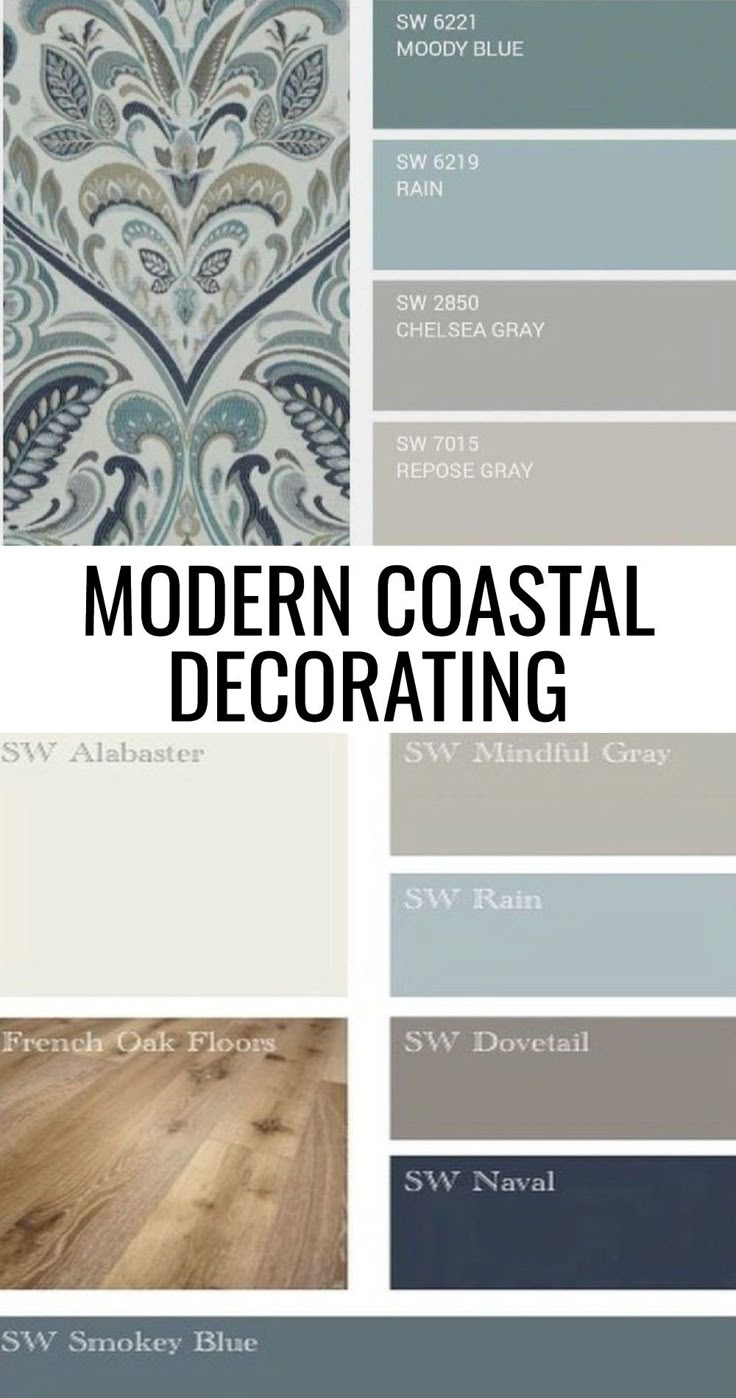 the color scheme for modern coastal decor is shown in blue, gray and white colors