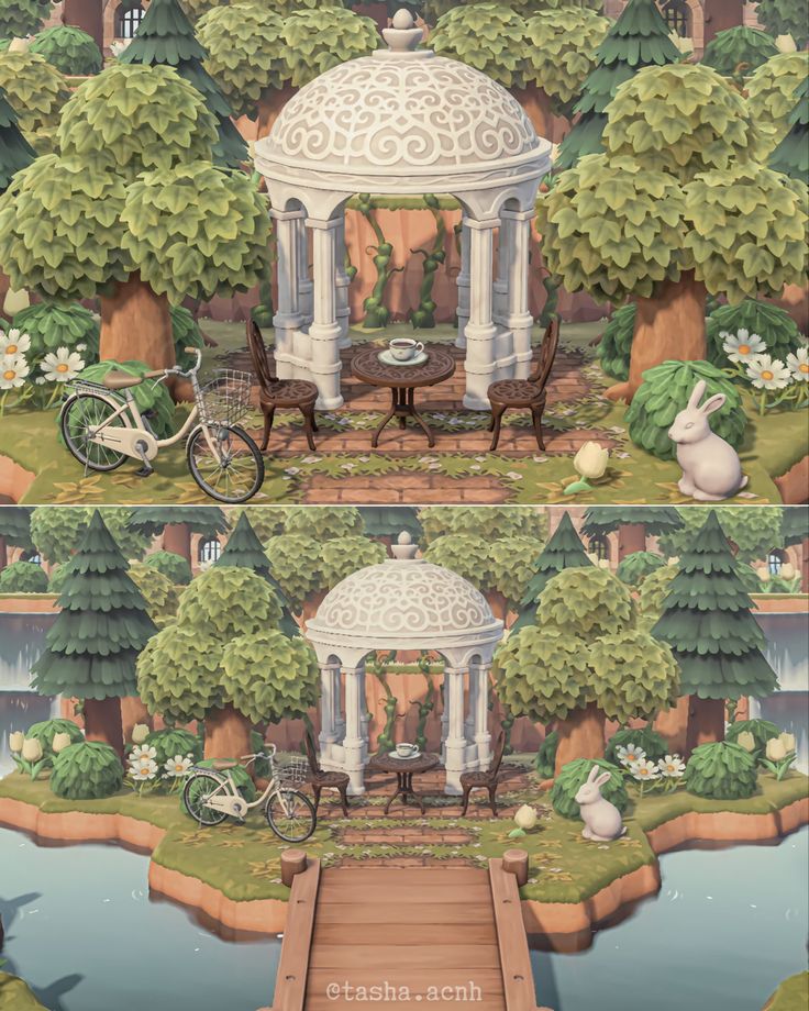 an artistic rendering of a gazebo in the middle of a park with trees and flowers