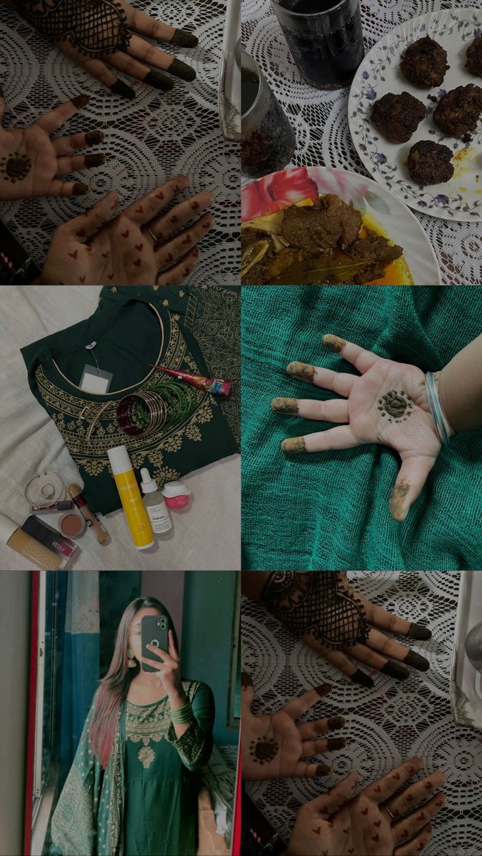 a collage of photos with hands and food on the table in front of them