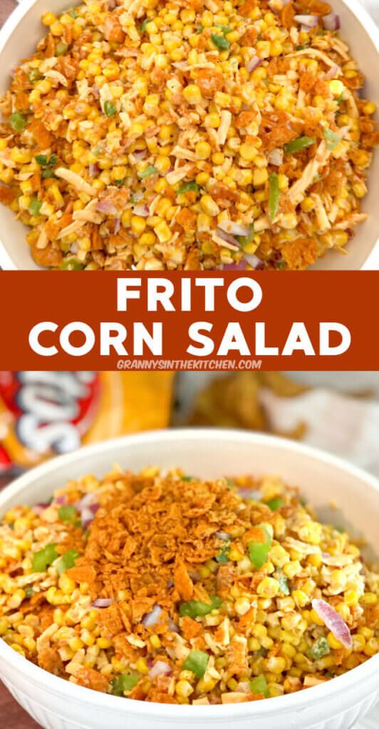 corn salad in a white bowl on top of a wooden table with the words frito corn salad above it