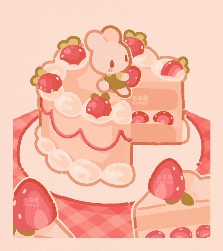 there is a cake with strawberries on it and a teddy bear next to it