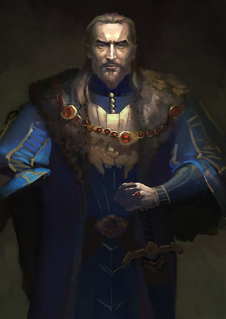 a painting of a man dressed in blue and gold with his hands on his hips