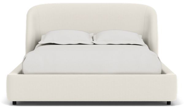 a bed with white linens and pillows on it's headboard, in front of a white background